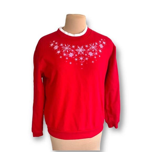 Vintage 90s Country Store Sweatshirt Crewneck Snowflakes Red White Grannycore - Picture 2 of 10